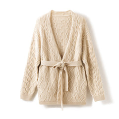 Hollow Mid-length Knitted Jacquard Jacket Sweater Cardigan with Belt