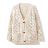 V-neck Knitted Pure Cashmere Cable-Knit Cardigan with Pockets