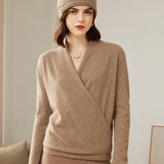 100% Pure Cashmere Cross V-neck Slim Top Sweater