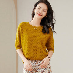 Round neck Half Turtleneck Women's 100% Pure Cashmere Sweater Short Sleeve Hollow Thin Cashmere Sweater