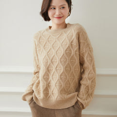 Women's Round Neck Sweater Retro Diamond Casual Cashmere Sweater Lazy Loose Sweater