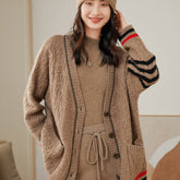 Oversized Cable-Knit Cashmere Sweater Cardigan with Striped Trim
