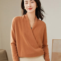 Cross V-neck Cashmere Wrap Slim Top Sweater for Women