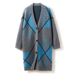 100% Pure Cashmere V Neck Long Geometric Sweater Cardigan Coat