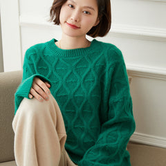 Women's Round Neck Sweater Retro Diamond Casual Cashmere Sweater Lazy Loose Sweater