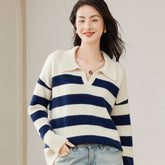 Polo Collar Warm Loose Striped V-Neck Sweater for Women