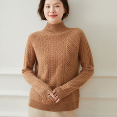 Women's Half Turtle Collar Loose Cable-Knit Cashmere Sweater