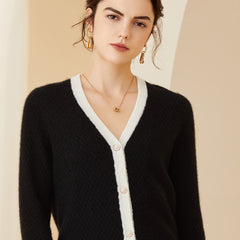 Casual Loose Knitted Women's V-neck Color Block Sweater Cardigan