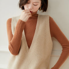 Ribbed V-Neck Knit Vest Sleeveless Cashmere Sweater Top