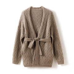 Hollow Mid-length Knitted Jacquard Jacket Sweater Cardigan with Belt