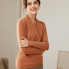 100% Pure Cashmere Cross V-neck Slim Top Sweater