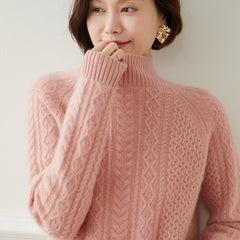 Women's Half Turtle Collar Loose Cable-Knit Cashmere Sweater