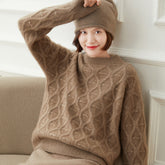 Women's Round Neck Sweater Retro Diamond Casual Cashmere Sweater Lazy Loose Sweater
