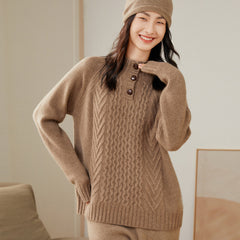 Collar Buttoned Pullover Thickened Half Turtleneck Cashmere Sweater
