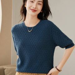 Round neck Half Turtleneck Women's 100% Pure Cashmere Sweater Short Sleeve Hollow Thin Cashmere Sweater