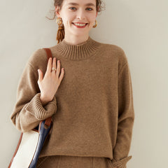 Women's Knitted Cashmere Mock-Neck Sweater with Wide Cuffs