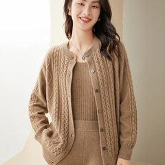 Round Neck Cashmere Women's Retro Cable Knit Sweater Cardigan