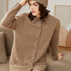 Women's Polo Collar Lapel Cashmere Knitted Sweater Cardigan