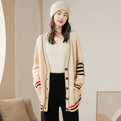 Oversized Cable-Knit Cashmere Sweater Cardigan with Striped Trim