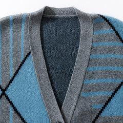 100% Pure Cashmere V Neck Long Geometric Sweater Cardigan Coat