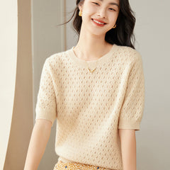 Round neck Half Turtleneck Women's 100% Pure Cashmere Sweater Short Sleeve Hollow Thin Cashmere Sweater