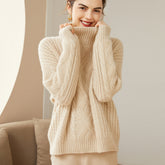 100% Cashmere Cable Knit Turtleneck Thickened Sweater for Women