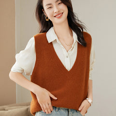 Ribbed V-Neck Knit Vest Sleeveless Cashmere Sweater Top