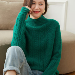 Women's Half Turtle Collar Loose Cable-Knit Cashmere Sweater