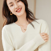 Notch V-neck Casual Knit Cashmere Wool Sweater For Women
