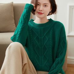 Women's Round Neck Diamond Loose Thickened Knitted Sweater