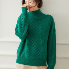 Turtleneck Loose Cable Pattern \Wool Knitted Cashmere Sweater