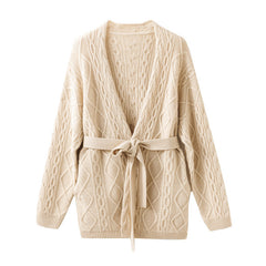 Hollow Mid-length Knitted Jacquard Jacket Sweater Cardigan with Belt