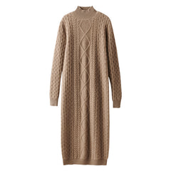 Cashmere Thickened Cable-Knit Mock Neck Midi Sweater Dress