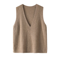 Ribbed V-Neck Knit Vest Sleeveless Cashmere Sweater Top