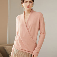 100% Pure Cashmere Cross V-neck Slim Top Sweater