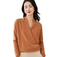 Cross V-neck Cashmere Wrap Slim Top Sweater for Women