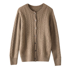 Round Neck Cashmere Women's Retro Cable Knit Sweater Cardigan