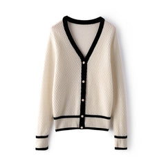 Casual Loose Knitted Women's V-neck Color Block Sweater Cardigan