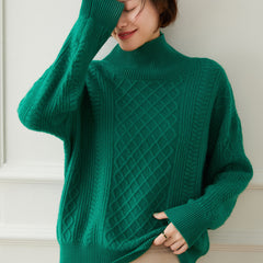 Turtleneck Loose Cable Pattern \Wool Knitted Cashmere Sweater