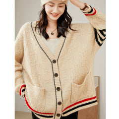 Oversized Cable-Knit Cashmere Sweater Cardigan with Striped Trim