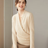 100% Pure Cashmere Cross V-neck Slim Top Sweater