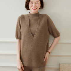 Ribbed V-Neck Knit Vest Sleeveless Cashmere Sweater Top