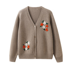 V Neck Cashmere Knitted Loose Embroidered Outer Sweater Coat