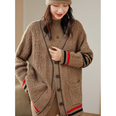 Oversized Cable-Knit Cashmere Sweater Cardigan with Striped Trim