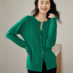 Round Neck Cashmere Women's Retro Cable Knit Sweater Cardigan