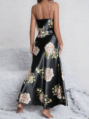 Women's Flower Print Silk Nightgown Long V Neck Silk Dresses