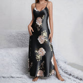 Women's Flower Print Silk Nightgown Long V Neck Silk Dresses
