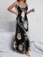 Women's Flower Print Silk Nightgown Long V Neck Silk Dresses