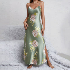 Women's Flower Print Silk Nightgown Long V Neck Silk Dresses