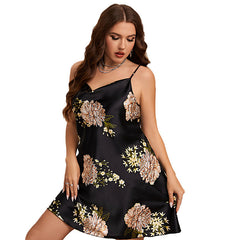 Deep V Flower Printed Short Silk Nightgown Mulberry Silk Sleepwear